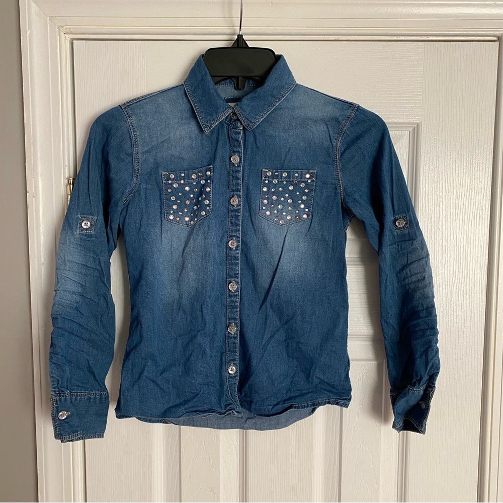 Justice Girls Jean Button Down Top Gem Embellished Pockets Size 8 Blue Silver